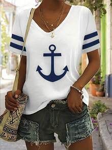 NostaNoir Ladies' Anchor Printed Short Sleeve Casual T-Shirt Graphic Tees Women Tops - White - View 3