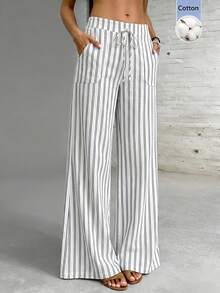 SHEIN Women's Elegant Vacation Striped Long Pants - Black and White - View 1