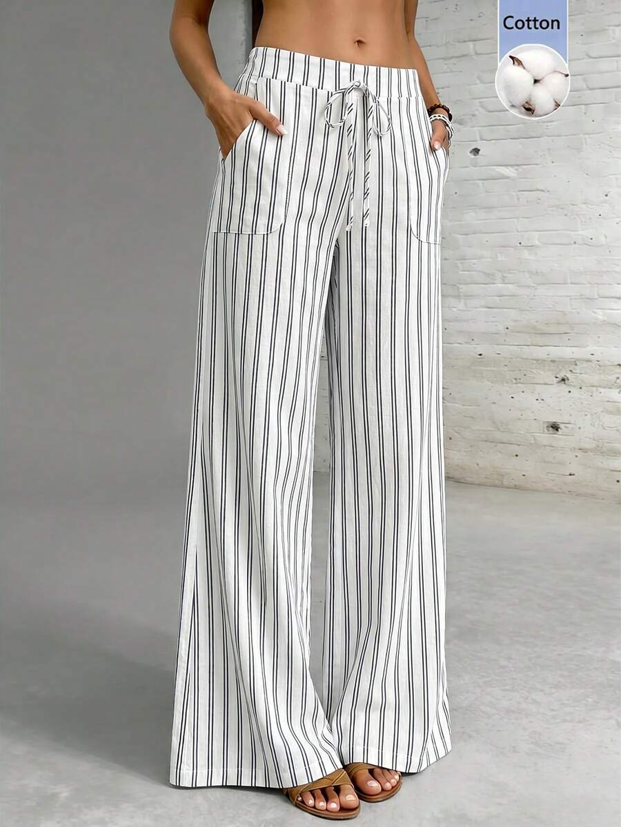 SHEIN Women's Elegant Vacation Striped Long Pants - Black and White - View 1