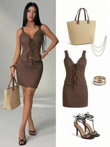 SHEIN PETITE 2026 Women's Spring/Summer Resort Collection: New Casual, Minimalist, Street-Style, Vintage-Inspired Brown Lace-Panel Cami Top And Skirt Set. Perfect For Home, Outings, The Beach, Fashion-Forward Looks, Casual Wear, Commuting, Vacations, Formal Occasions ,Petite Women - Brown - View 6