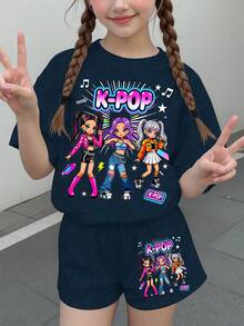 Young Girl Simple Cartoon Girl Portrait Print Short Sleeve T-Shirt And Casual Shorts 2pcs Set Suitable For Summer - Multicolor - View 2