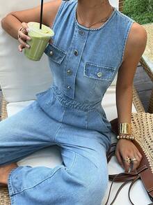Rivivi Women's Round Neck Button Pocket Casual Daily Travel Denim Jumpsuit - Medium Wash - View 5