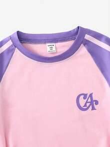 SHEIN Casuvi Kids 青少年女孩 T 恤套裝，運動風粉色與深綠色拼接短袖 T 恤與短褲套裝，夏季寬鬆貼身設計，輕量面料，適合日常外出、休閒運動或造型穿搭 - 紫色 - 查看 5