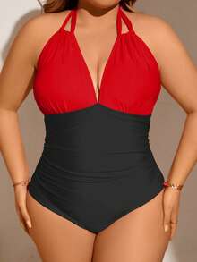 SHEIN Swim Curve 大尺碼女款掛脖式撞色一件式泳衣，適合海灘度假、泳池派對、海灘派對 - 紅色 - 查看 4