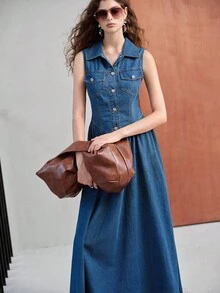 MOTF PREMIUM WOMEN'S DENIM DRESS WITH COLLAR, SLEEVELESS, WAIST-CINCHING, FLARE HEM - Blue - View 4