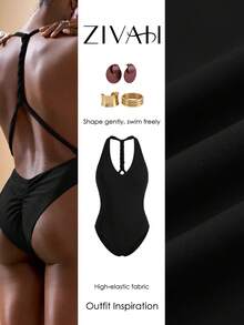 Zivah Women's Solid Color Ruched One-Piece Swimsuit, Suitable For Beach Vacation Vacation, Pool Party, Beach Party Black Summer Tropical - Black - View 7