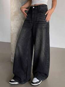 DAZY Vintage Loose Straight Leg Washed White Women's Jeans,Baggy Jeans - Black - View 9