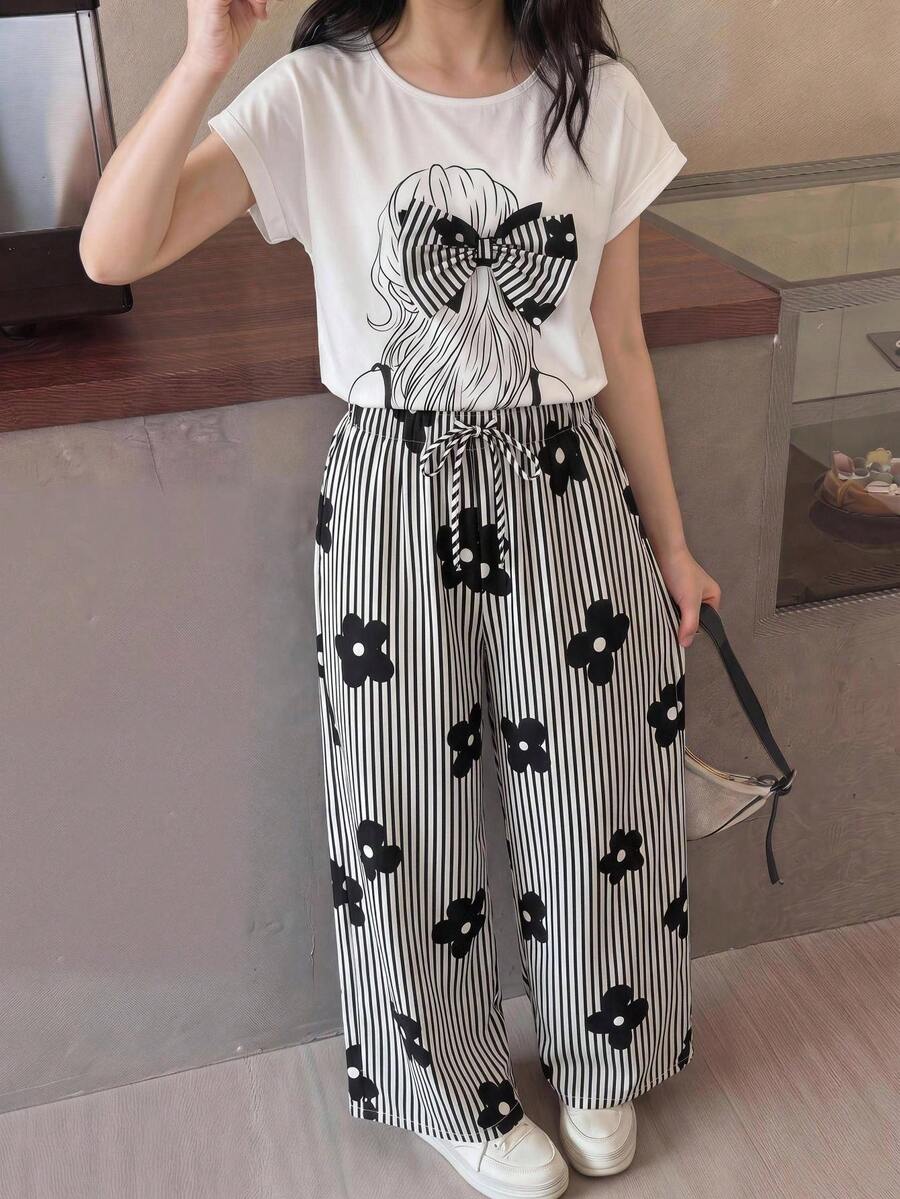 SHEIN 兒童/青少年女孩 2件套套裝 - 白色針織寬鬆版型 T恤配 3D蝴蝶結印花與寬腿長褲,適合春季/夏季,休閒穿搭、派對、度假、純淨女孩風、返校 - 白色 - 查看 1