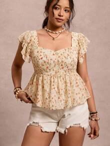 SHEIN VCAY Plus Size Women's Vacation Floral Ruffle Short Sleeve Fashion Shirt Vacation Wedding Guest Beige Summer Boho - Multicolor - View 7