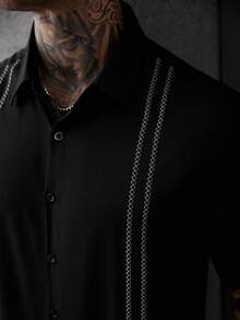 Manfinity CasualCool 男士休閒度假刺繡短袖單排釦襯衫 - 黑與白 - 查看 4
