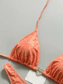 Swim Vcay 2026 Spring/Summer Orange Small Ditsy Floral Spaghetti Strap Halter Neck Tie Side High Cut Tie String Thong Bikini Sexy 2-Piece Set For Women Vacation - Multicolor - View 6