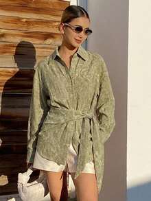 SHEIN X GALILEA Livesso 春夏秋款女式寬鬆商務休閒綠色腰帶長袖襯衫 - 橄欖綠 - 查看 7