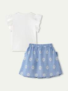 Casuvi Kids 2件/套 女童春夏季白色針織圓領荷葉袖T恤，配藍色蝴蝶結前裝飾 & 藍色梭織素色半彈性腰裙配2個蝴蝶結，適合日常穿著、旅行、度假、派對 - 藍白色 - 查看 2