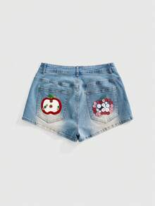 Sweetness Plus Size Vintage Kawaii Washed Casual Cute Apple Embroidery DIY Effect Versatile Stretchy Denim Shorts For Summer Teachers' Day Date Night Light Blue - Blue - View 2