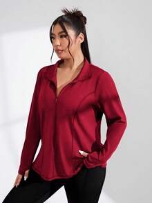 SHEIN Rhythm Era 大尺碼女款翻領拉鍊時尚寬鬆運動上衣 - 酒紅色 - 查看 2