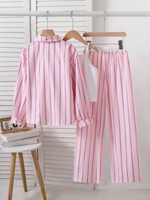 SHEIN Bộ 3 món áo sơ mi tay dài sọc in kỹ thuật số màu vàng, quần dài đen và áo hai dây, phù hợp đi chơi mùa xuân và mùa hè - Hồng - Xem 2