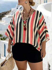 EMERY ROSE Camisa de talla grande estilo vacaciones con cuello en V, mangas murciélago y rayas, para cubrir el traje de baño en verano - Naranja - Ver 3
