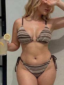 SHEIN Swim Curve 2026 Spring/Summer Fashion Elegant Sexy Plus Size Women's Beige Halter Bikini Set Beach - Coffee Brown - View 4