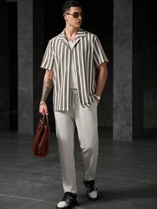 Manfinity CasualCool 1件男士成熟休閒長褲，米色布料，通勤百搭，時尚舒適，男友禮物、丈夫禮物、週年紀念禮物 - 米色 - 查看 4