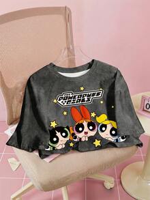 THE POWERPUFF GIRLS X SHEIN 女士休闲时尚街头风可爱花朵、泡泡、毛茛图案落肩宽松短款T恤，夏季 - 白色 - 查看 1
