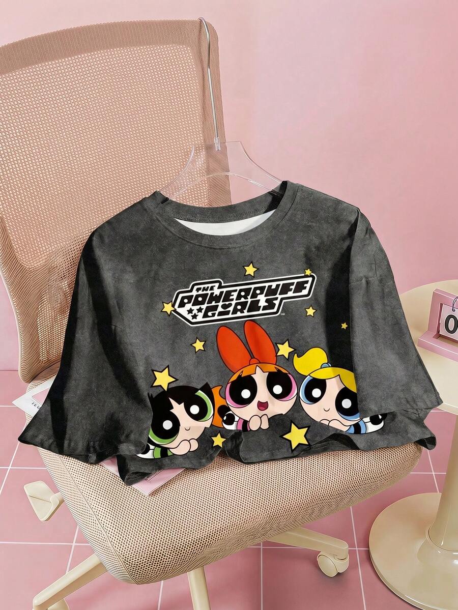 THE POWERPUFF GIRLS X SHEIN 女士休闲时尚街头风可爱花朵、泡泡、毛茛图案落肩宽松短款T恤，夏季 - 白色 - 查看 1