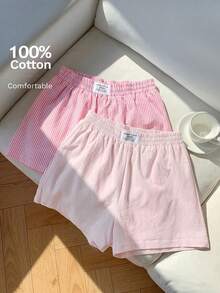 Comfortcana 2件組女款夏季休閒寬鬆短褲，亞麻蝴蝶結條紋短褲與粉色抽繩圍裹短褲，適合海邊度假，超短短褲 - 粉色 - 查看 5