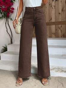 EMERY ROSE 大码女式时尚毛边直筒牛仔裤 - 咖啡棕 - 查看 1