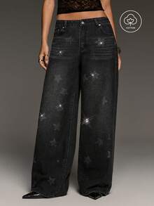 BAD SUNDAY Women's Elegant 90s Hot Girl Rhinestone Star-Shaped Wide Leg Loose Denim Jeans Versatile Commute School Y2k Night Out Concert Black And Silver Summer - Black - View 1