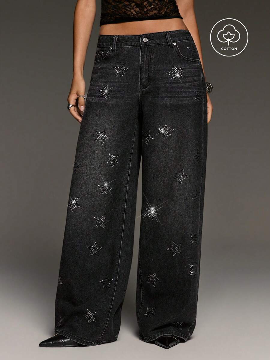 BAD SUNDAY Women's Elegant 90s Hot Girl Rhinestone Star-Shaped Wide Leg Loose Denim Jeans Versatile Commute School Y2k Night Out Concert Black And Silver Summer - Black - View 1