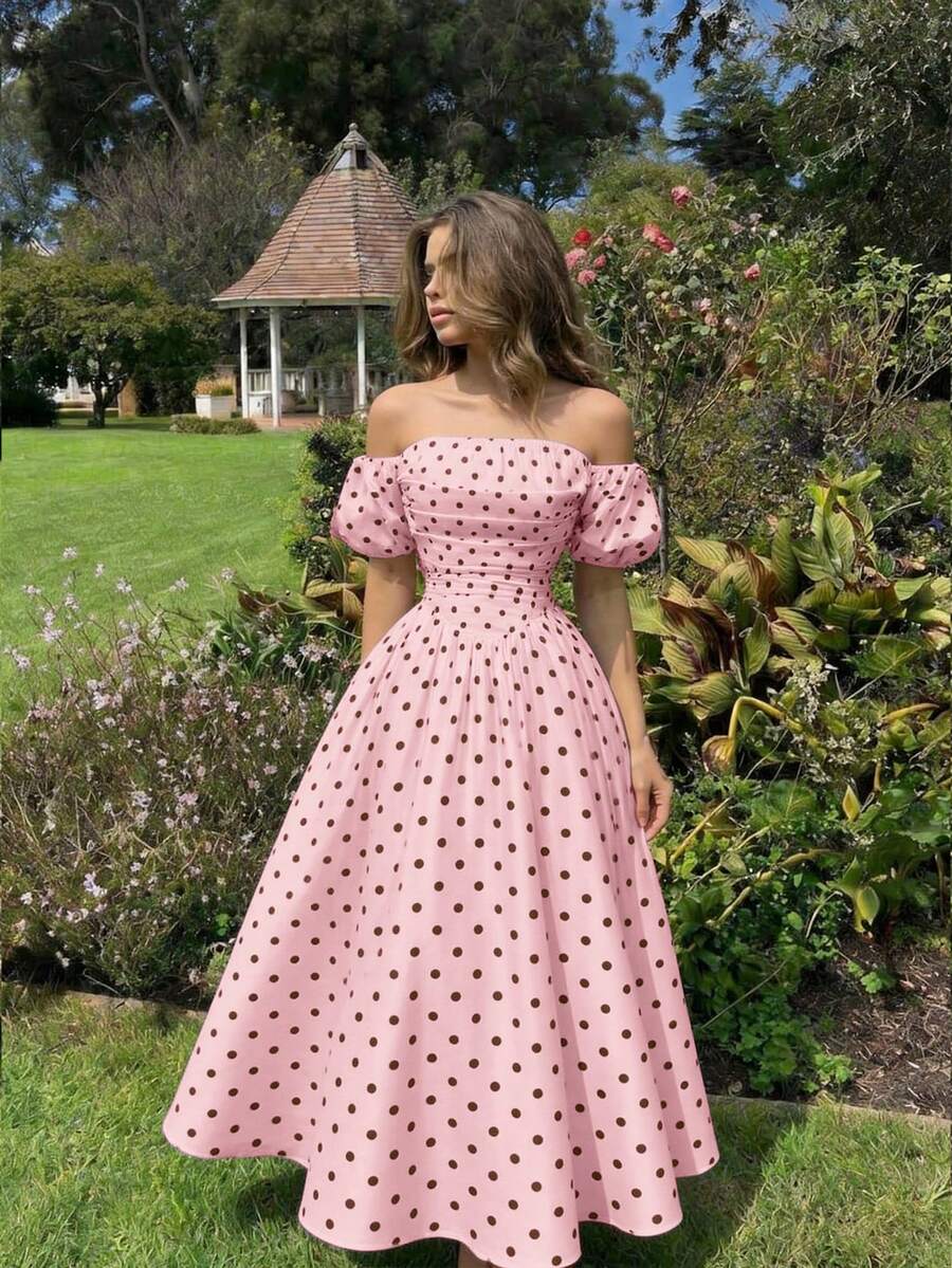 SHEIN MOD 女款復古浪漫 1960s 70s 開肩泡泡袖粉黑波點中長洋裝,夏季婚禮野餐度假派對服飾 - 粉色 - 查看 1