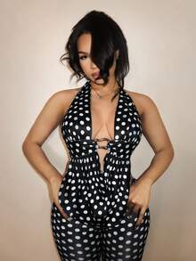 BamGleam Black And White Polka Dot 90s Disco Deep Draped Neck Halter Top And Bermuda Shorts Two Pieces Set Club Party Night Out Summer Sexy - Black - View 6