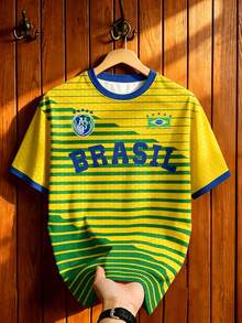 Aesthetic Post 男士黃綠條紋 BRASIL 字母印花運動 T 恤，球迷休閒上衣，適合戶外旅行、聚會、足球支持者世界盃、度假 - 彩色 - 查看 4