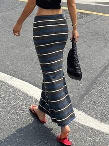DAZY Women's Summer Casual Striped Fishtail Hem Skirt - Grey - View 7