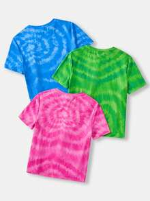 THE POWERPUFF GIRLS X SHEIN Tween Girl 3-Tone Heart & Spiral Tie-Dye Cartoon Character Graphic Knit Crew Neck T-Shirt Set - Multicolor - View 2