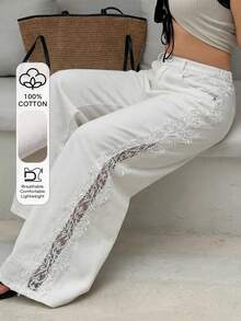 Dazy Plus Plus Size Women's Casual Loose Straight Leg Jeans With Lace Side Seam Patchwork Design, White, Spring/Summer - White - View 1
