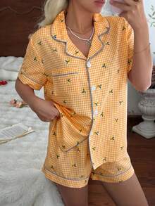 CottageSlumber Women's New Lemon Plaid Print Button-Down Short Sleeve Shorts Pajama Set - Orange - View 3