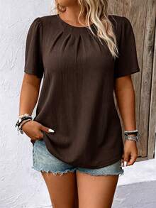 Momelise Plus Size Women's Casual Minimalist Solid Fold Pleated Short Sleeve Shirt, Summer - Brown - View 3
