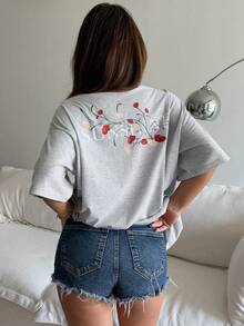 DAZY Camiseta holgada de manga corta con cuello redondo, decoración floral y estampado de letras, estilo casual, oversize, para mujer en verano - Gris - Ver 4