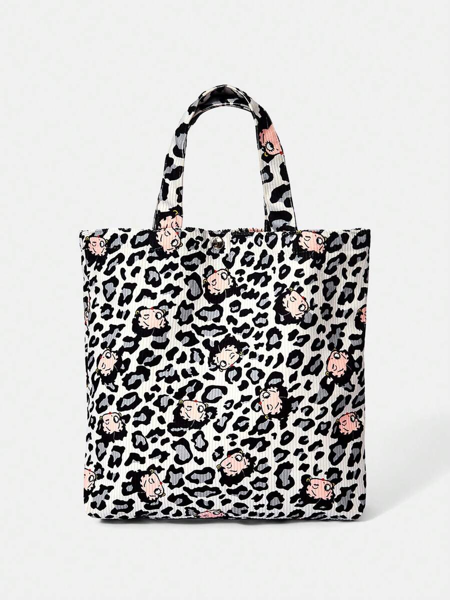 Betty Boop x SHEIN 1 Pack, Silver Leopard Print Red Lip Design Pattern, Large Capacity Printed Corduroy Tote Bag. - Multicolor A1 - View 1
