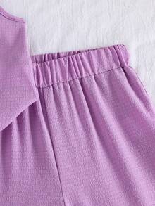 Elladie kids 女童紋理布料對比下擺無袖上衣與休閒短褲 T-shirt 套裝 - 淡紫色 - 查看 5