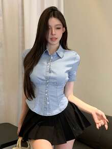 DAZY Women's Casual Preppy Denim Shirt, Light Blue, Short Sleeve, Street Style, Suitable For Spring And Summer Back-To-School Student - Blue - View 5