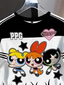 THE POWERPUFF GIRLS X SHEIN Damen Sommer Farbblock Blüten, Blasen, Butterblumen Muster Kurzarm T-Shirt - Weiss - Übersicht 5