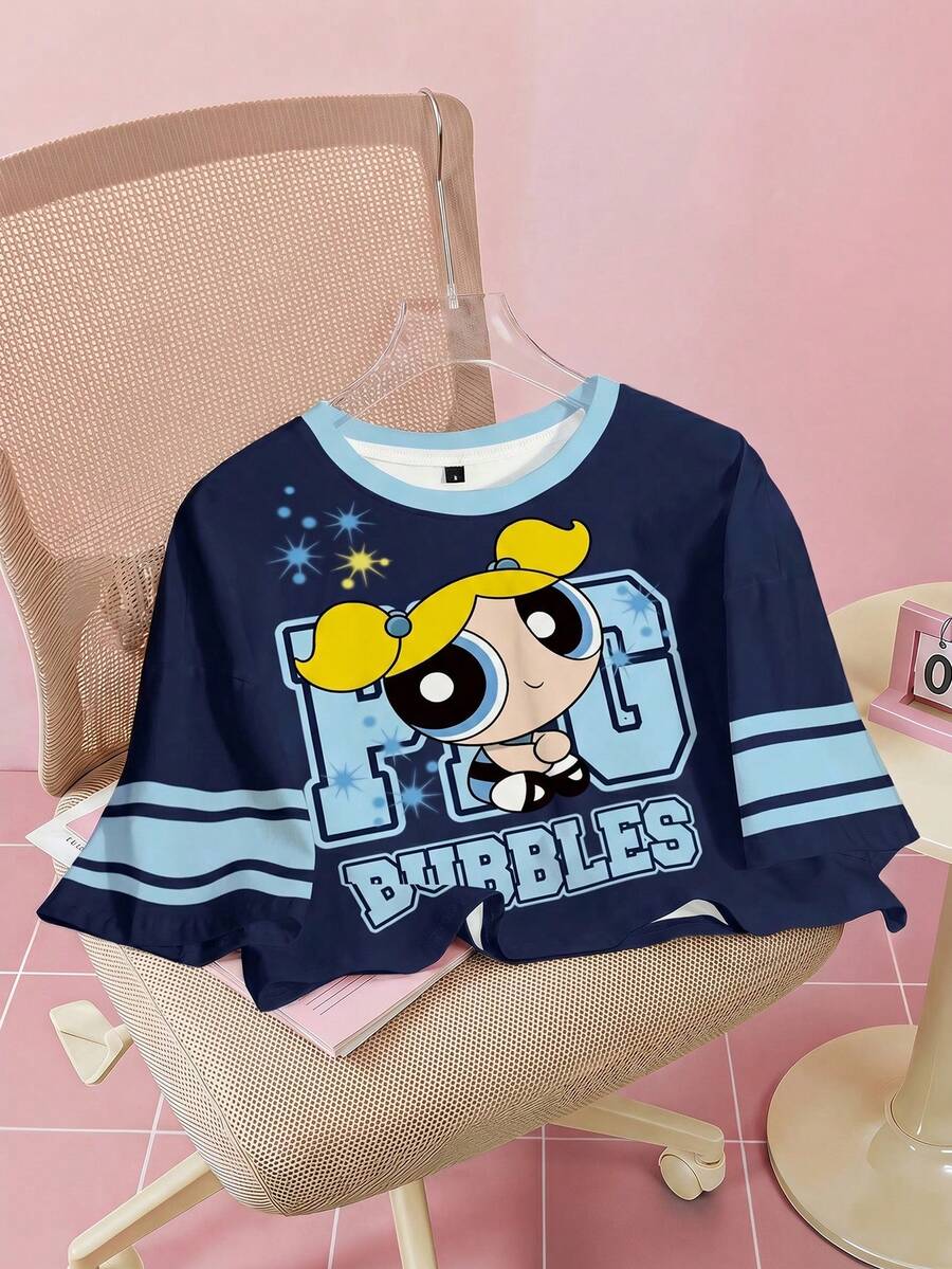 THE POWERPUFF GIRLS X SHEIN 女士圆领卡通字母印花休闲百搭日常短袖T恤 - 白色 - 查看 1