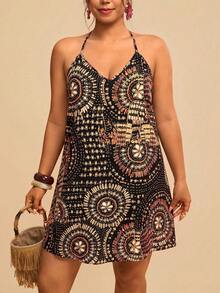 Travachic Plus Size Women's Floral Print Casual Halter Neck Vacation Dress - Black - View 5