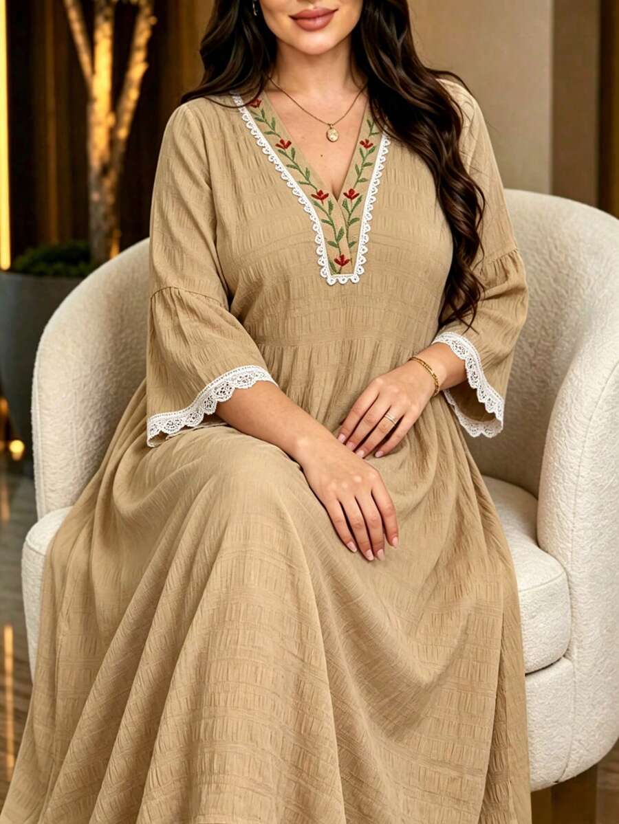 Al Najma Plus Size Women Arabic Style Dress - Khaki - View 1