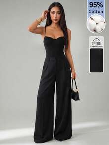SHEIN PETITE 95%棉、加墊、免內衣、休閒、極簡、復古、優雅、百搭，適合上班、海灘裝、度假穿搭，女款夏季套裝，性感無肩帶露背女式連身衣 - 黑色 - 查看 6