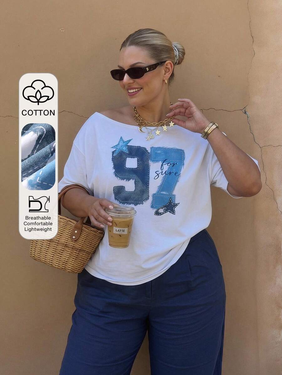 Dazy Plus Plus Size Women Loose Fit Numeric Print Asymmetrical Shoulder Short Sleeve Street Style Business Casual Navy Blue T-Shirt Graphic Tee Office Summer - White - View 1