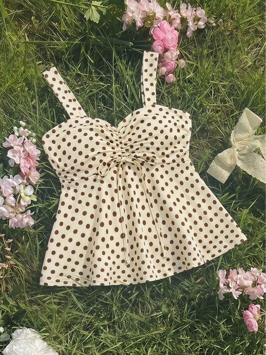 SHEIN 少女休闲度假款黄棕色波点针织吊带背心,褶皱腰身修身时尚吊带,适合春夏、派对、约会、下午茶、复活节、海滩度假等场合。 - 黃色 - 查看 1