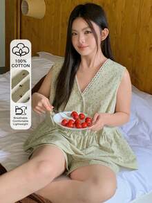 Dazy Plus 夏季碎花拼接无袖上衣和宽松短裤套装，休闲可爱女童睡衣，大码，绿色 - 薄荷綠 - 查看 1
