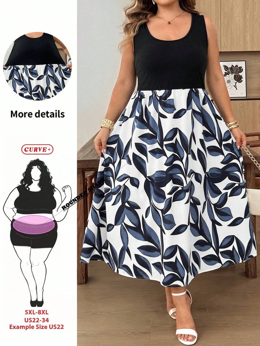 SHEIN CURVE+ 女款大尺碼優雅度假風印花陰陽拼接露背洋裝,收腰設計,夏季女裝 - 黑色 - 查看 1